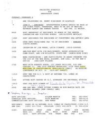 ["The projected schedule for Ambassador Jones on Tuesday, February 6 includes various meetings and events, such as hosting a breakfast at residence, attending an expo, giving an interview, and meeting with different individuals. The schedule also includes attending receptions and dinners. Additionally, there are details about Dr. Henry Kissinger's travel plans to Acapulco and other locations. Other information includes details about weapons being taken to Mexico, Dr. Kissinger's plans to meet with the Mexican government, and coordination of logistics and security. There are also communication details for duty officers and contact information for various individuals."]