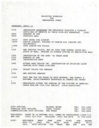 ["Ambassador Jones has a busy schedule on Thursday, April 11, starting with addressing the Wholesale Florists & Florist Suppliers of America at a breakfast event. He then departs for Cancun and later Toluca for various events, including the inauguration of the Aero '96 trade show and an aviation joint venture. In the evening, he attends the opening of the Visions of America: Urban Realism 1900-1945 exhibit at the Museo de Arte Moderno. The document also includes information about duty officers and contact details for embassy personnel. Additionally, there are memos regarding the Ambassador's participation in the exhibit opening and a special reception."]