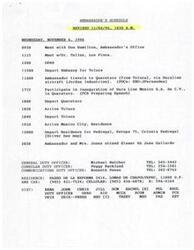 ["The Ambassador's schedule for November 6, 1996 includes meetings with various officials, travel to Toluca and Queretaro, participation in an inauguration event, and attending a dinner. The schedule also includes contact information for duty officers and details about the Ambassador's residence and car. There is also a note about preparing a speech for November 8 related to the upcoming elections."]