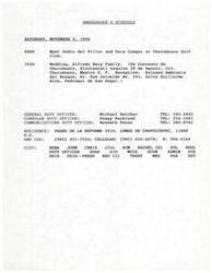 ["The Ambassador's schedule for Saturday, November 9, 1996 includes a meeting at Churubusco Golf Club in the morning and attending a wedding at Ex Convento de Churubusco in the evening. Contact information for duty officers and residence details are also provided."]