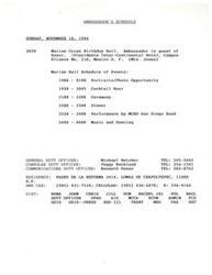 ["The document provides information about the Ambassador's schedule for Sunday, November 10, 1996, including attending the Marine Corps Birthday Ball as the guest of honor. It also mentions the arrival of Lt. Gen. J. W. Oster as the Marine Corps Military Guest of Honor.  Oster's biography is included in The document, detailing his military career and personal background. The document also mentions the schedule of events at the Marine Ball and contact information for duty officers. Additionally, there is a recommendation for a modified Country Team meeting to be held with  Oster on November 12."]
