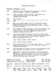 ["The document outlines the ambassador's schedule for Wednesday, November 13, 1996. It includes various meetings, interviews, and events throughout the day, such as opening an orientation program, giving remarks at a Health Telecom event, and attending a Navy League event. Additionally, there are mentions of interviews with the press and requests for the ambassador's opinion on a request for an interview for a major report on Mexico to be published in USA TODAY."]