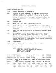 ["The schedule for the Ambassador on Friday, November 15, 1996 includes meetings with various individuals and organizations in Mexico City, as well as a signing of the GLOBE Environmental Education Initiative by SEMARNAP. The GLOBE program is an international environmental education program that aims to increase scientific understanding of the Earth and enhance environmental awareness worldwide. The agreement between the National Oceanic and Atmospheric Administration of the United States and the Organization of the United Mexican States for cooperation in the GLOBE program is also discussed."]