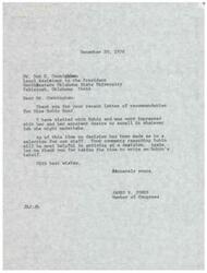 ["A letter of recommendation for Miss Robin Hood from Don K. Cunningham, Legal Assistant to the President of Northeastern Oklahoma State University, was received by James R. Jones, Member of Congress. Jones thanked Cunningham for the recommendation and mentioned that no decision has been made yet regarding a selection for their staff. Cunningham described Robin Hood as a capable and moral student with a major in Criminal Justice and minors in Sociology and Political Science."]