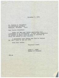 ["Dr. Patrick Pitchford wrote a letter to James R. Jones expressing confidence in his re-election. James R. Jones thanked Dr. Pitchford for his support and hoped to continue serving the people of the District. Dr. Pitchford wished James R. Jones success in the election and signed the letter as his friend."]