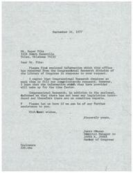 ["The document is a response to Mr. Roger Pike's request for information from the Congressional Research division of the Library of Congress. The document states that there has been no legislation introduced and therefore no committee reports available. The sender offers further assistance if needed."]