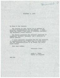 ["The document is a personal recommendation for Ron Roszel, stating that he possesses qualities of integrity, ability, hard work, and devotion to public service. The writer, James R. Jones, a Member of Congress, recommends Ron for any position of responsibility, believing that he would carry out his responsibilities honestly and forthrightly."]