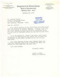 ["The document is from James R. Jones, a member of Congress representing the First District of Oklahoma. He is responding to a letter from Mr. Raymond Panter regarding a claim with Roadway Express. Jones expresses regret over the delay in resolving the issue and offers further assistance if needed. He also acknowledges Panter's appreciation for his efforts in cutting red tape."]