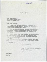["The document is from Jerry Conrey, District Manager to Congressman James R. Jones, to Mrs. Ben Patrick enclosing a copy of H.R.12687, legislation introduced by Congressman Jones to increase the estate tax marital deduction. Other requests made by Mrs. Patrick have been passed on to Congressman Jones' Washington Office for further assistance. Conrey offers further help if needed."]