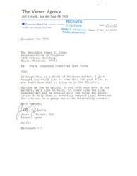 ["The document is a letter from James L. Varner, General Agent of The Varner Agency, to Congressman James R. Jones regarding the State Insurance Committee Task Force in Oklahoma. The document discusses the committee's discussion on problems in the life insurance industry, specifically concerning replacement regulations and investigations into First Life Assurance Company. The committee plans to gather a list of names for further investigation and delay any action until this information is received."]