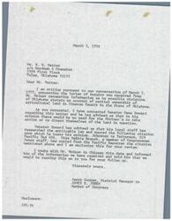 ["Lewis K. Molnar, the controller of Shriners Hospitals for Crippled Children, is seeking guidance from Mr. B. W. Vetter regarding the ownership of agricultural land in Oklahoma. He is concerned about a potential violation of Oklahoma statutes and seeks clarification on whether the organization must divest itself of the land. Molnar has discussed the issue with Senator Gene Howard and plans to contact Mr. David Stratton for further information. He explains that the organization typically leases agricultural land and does not intend to be directly involved in farming. Molnar requests Vetter's assistance in determining the organization's compliance with the law."]