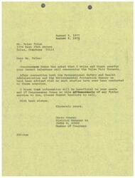 ["Mr. Prier Price contacted Congressman Jones about studies on the Tulsa Fair Grounds, but it was found that no such studies have been conducted by the Occupational Safety and Health Administration or the Environmental Protection Agency. Jerry Conrey, District Manager to Congressman Jones, thanked Mr. Price for his inquiry and offered further assistance if needed."]