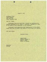 ["Congressman Jones has recommended Mr. Ernest L. Northcutt for possible employment to Ms. Peggy O'Neal at TELEX Personnel. A copy of Mr. Northcutt's resume has been enclosed for consideration. Congressman Jones appreciates the consideration and offers assistance if needed."]
