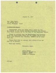 ["Mrs. Edna Drake received a letter from Congressman Jones' office in response to her inquiry about the elderly free lunch program at Our Lady of the Guadalupe Church. The Congressman has asked about the electricity being off all summer and they will be in touch with her once they receive a response. The document also offers assistance and best wishes."]