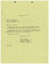 ["Mrs. Paulson received a letter from Congressman Jones's office with enclosed information that she had requested. The office is hopeful that the information will be beneficial to her needs and encourages her to reach out if they can be of further assistance. The document is signed by Jerry Conrey, District Manager to James R. Jones, Member of Congress."]