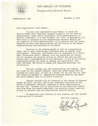 ["The document is informing a congressional staff member that they have been nominated to attend the District/State Staff Institute in Washington, D.C. The event is sponsored by various committees and offices and is limited to 60 participants. The staff member must arrange their own transportation and lodging, and meals will be provided. The seminar sessions will cover various topics and will include speakers from different branches of government. The staff member is encouraged to register promptly and contact the Congressional Research Service for confirmation."]