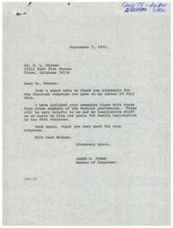 ["Congressman James R. Jones is writing to Dr. R. L. Winter to thank him for his response to a letter sent on July 26th. The comments provided by Dr. Winter and other members of the medical profession will be helpful in planning health legislation for the 94th Congress. Jones expresses his appreciation for Winter's input."]