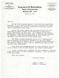 ["James R. Jones, a member of Congress from Oklahoma, is seeking input from the medical profession on important legislative proposals related to health care. He is asking for feedback on comprehensive health planning, the status of PSRO's, and national health insurance. Jones values input from healthcare professionals and will personally study any ideas or recommendations provided."]