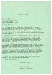 ["The document is from James R. Jones, a Member of Congress, thanking Mr. Drew Diamond from the Tulsa Police Department for attending a meeting on drug abuse in the military. Jones discusses his efforts to address the issue, including recommendations for limiting overseas tours of duty for military personnel to reduce drug problems. He offers assistance to Diamond in the future."]