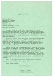 ["James R. Jones, a Member of Congress, thanks Mr. Tom Ballard, a probation officer, for attending a meeting on drug abuse in the military. Jones has been studying information gathered from a recent trip to Europe and plans to make recommendations to the Department of Defense, including suggesting a maximum overseas tour of duty of 18 months for military personnel unaccompanied by family to reduce drug problems. Jones offers his assistance to Mr. Ballard if needed."]