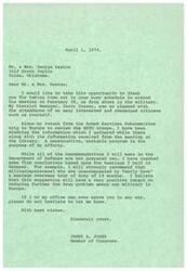 ["James R. Jones, a Member of Congress, thanks Mr. & Mrs. George Heaton for attending a meeting on drug abuse in the military. He mentions studying information gathered from a trip to Europe and a meeting at the Library, and is working on a program to address the issue. Jones plans to recommend a maximum overseas tour of duty of 18 months for military personnel to reduce the drug problem. He offers his assistance to the Heatons if needed."]