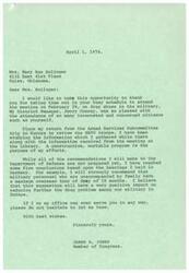 ["The document is thanking Mrs. Mary Ann Bolinger for attending a meeting on drug abuse in the military. The author, James R. Jones, discusses his efforts to address the issue and mentions a recommendation he will make to the Department of Defense regarding overseas tour lengths for military personnel. Jones offers his assistance to Mrs. Bolinger and signs the letter as a Member of Congress."]