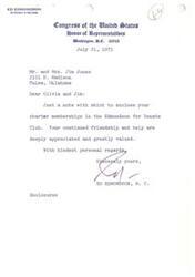 ["The document is a letter from Ed Edmondson, a member of the House of Representatives, to Mr. and Mrs. Jim Jones, thanking them for their support and enclosing their charter memberships in the Edmondson for Senate Club. The document expresses appreciation for their friendship and help."]