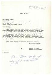 ["The document is a series of thank you letters exchanged between Jerry Evans, President of Evans & Throop Construction Company, Inc., and James R. Jones, a Member of Congress. Both express gratitude for their recent meeting in Washington and express a desire to connect further in the future. Evans also congratulates Jones on his early successes."]