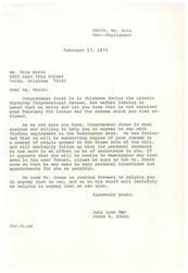 ["Ms. Rita Smith sent a letter to Congressman James R. Jones seeking help in finding employment in Washington, D.C. Congressman Jones's office responded, expressing willingness to assist and indicating that they would be submitting copies of Ms. Smith's resume to contacts in Washington. They also offered to schedule personal interviews and appointments for her. Congressman Jones and his staff are eager to help Ms. Smith in any way they can."]