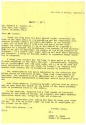 ["Raymond E. Enochs writes a letter to Congressman James R. Jones expressing concern about bias in the news media, the political situation in the country, and the treatment of President Nixon during the Watergate scandal. Enochs believes that Congress should support the President and work together to pass laws to prevent similar situations in the future. Congressman Jones responds by acknowledging Enochs' concerns and stating that Congress is focused on important legislative issues while also keeping an open mind regarding the ongoing investigation into Nixon."]