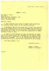 ["In the letter, Congressman James R. Jones acknowledges receipt of a letter from Carl L. Jones regarding concerns about controls being placed on the carrier industry. Congressman Jones assures Carl L. Jones that he shares his concerns and will keep his opposition to these controls in mind when any related bills come up for a vote. He also encourages Carl L. Jones to continue to keep him informed on legislation and issues, as his views are helpful in representing his constituents in Congress. Congressman Jones offers his assistance if needed."]