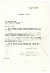 ["Mr. Ellis wrote a letter to Congressman James R. Jones, suggesting ways to help utility companies and improve the economy in Oklahoma. He proposed tax-free dividends, issuing stock, and using coal to make gas. He also suggested educational programs to promote conservation and reading. Congressman Jones' assistant thanked Mr. Ellis for his letter and promised to review his suggestions."]