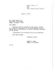 ["The document is a letter from James R. Jones, a Member of Congress, to Eddie Eanes, Jr. thanking him for sending an article about the possibility of a recurrence of the Cuban Missile Crisis in 1978 due to the construction of Soviet strategic missiles on the island. The article mentions that Soviet strategic missiles may have been smuggled back to Cuba and the Defense Department in Washington denied the report. The article also highlights the differences in response between the Nixon and Carter administrations to the Russian activity in Cuba."]