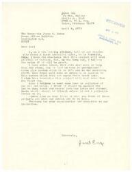 ["Janet Eng is a law abiding citizen who believes that Tulsa, Oklahoma needs a trash recycling plant similar to the one in Franklin, Ohio. She also suggests implementing an underground water pipe system for trash disposal and stricter laws on pollution of air and water. She asks for the Honorable James R. Jones' opinion on these ideas and how their school can help with these projects."]