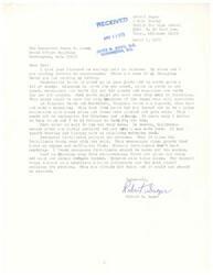 ["Robert Sager writes a letter to Congressman James R. Jones discussing environmental issues such as recycling, water purification, use of inorganic fertilizers, and the impact of strip-mining on the environment. He suggests solutions such as city-operated dumps, using natural fertilizers, and stopping strip-mining to prevent further damage to the environment."]