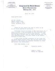 ["James R. Jones, Assistant Majority Whip from the First District of Oklahoma, is dedicated to fighting pollution. He has supported the extension of the Clean Air and Water Waste Control Acts and promises to continue supporting measures to protect the environment. He thanks the recipient for their interest in this important issue."]