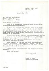 ["The document consists of two letters, one from Member of Congress James R. Jones and one from Senator Bartlett, both responding to a questionnaire from Mr. and Mrs. Pitt LeGate. Jones expresses concern about benefits going to those who do not need them and the disincentive for work, as well as the tax policy concerning overseas operations of American corporations. Bartlett expresses the need for charity to begin at home, high taxation on corporation's overseas operations, and unity between Republicans and Democrats for the country's benefit. Both letters acknowledge the importance of voicing opinions and voting."]