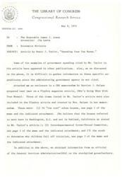 ["The Economics Division of the Congressional Research Service reviewed an article by Henry J. Taylor on government spending, noting that some examples had appeared in other publications. They provided additional information on specific expenditures mentioned in the article, including low-cost urban houses, the Interdepartmental Screw-Thread Committee, and a study on children falling off tricycles. They also provided information on stockpiled goose feathers by the General Services Administration for the Department of Defense. The division offered further assistance if needed."]