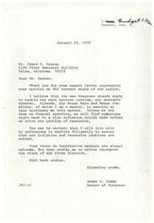 ["The first letter is a response from Representative James R. Jones to a letter expressing concerns about the state of the nation's economy. Jones assures the sender that Congress is working on solving the issue of inflation and recession by cutting down on federal spending. The second letter expresses disappointment in the government's handling of the problem and suggests that the solution is simple, but unlikely to be implemented."]