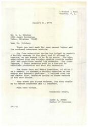 ["The document from R.L. Ritchey to Congressman James R. Jones discusses the importance of profits in sustaining a healthy economy and supporting job growth. Ritchey urges for decisive action on economic and energy issues. Congressman Jones responds, expressing his support for measures such as tax cuts to stimulate production and stop the recession. The importance of profits for job creation and the relationship between workers, management, and profitability are highlighted in the letter."]
