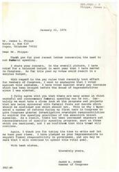 ["James L. Phipps wrote a letter to Congressman James R. Jones expressing concern about the need to cut federal spending. Congressman Jones responded, stating that he shares Phipps' concern and has consistently voted for a balanced budget. He also mentioned that he voted against the pay raise for Members of Congress and has sponsored reforms to monitor federal spending. Phipps criticized Congress for approving wasteful spending, citing examples such as a study on the blood of Polish Lubuka pigs and research on the smell of perspiration from Australian aborigines."]