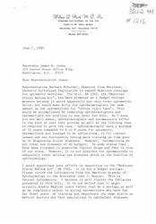 ["The document is a letter written by William D. Heath, a doctor specializing in diseases and surgery of the eye, to Representative James R. Jones regarding legislation introduced by Representative Barbara Mikulski to expand Medicare coverage for optometry services. Dr. Heath expresses opposition to the bill, stating that optometrists do not have the same level of training and expertise as ophthalmologists and therefore should not be given the same status in terms of billing and coverage. He requests that Representative Jones review information from the American Academy of Ophthalmology to clarify the inaccuracies in the bill."]
