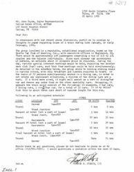 ["The letter is from George W. Starch, III to Mr. John Payne of AMTRAK, regarding the lease of a train for the Sports Car Club of America, Inc. The initial request was denied by Denver & Rio Grande Western Railroad, offering an alternative schedule which was not acceptable. Starch expresses frustration with the response and plans to modify the trip for 1987. He requests early approval and an estimate of costs for the revised trip."]