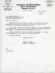 ["The document is a letter from James R. Jones, a Member of Congress from Oklahoma, to Ms. Juanita Shelton, providing her with four tickets for a VIP tour of the White House. Jones encourages Shelton to contact his office if she needs any assistance and invites her to visit his office during her trip to Washington, D.C."]