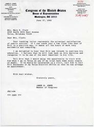 ["The document is a letter from Congressman James R. Jones to Mrs. Mary E. Clark, thanking her for her letter and expressing his satisfaction in being able to positively impact the lives of people like Eric. Jones encourages Eric to continue his education and offers to meet with him during one of his trips to Tulsa."]