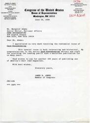 ["Congressman James R. Jones received the centennial issue of Good Housekeeping and appreciated it. He congratulated the editors and staff for their work and wished them success for another 100 years of publishing."]