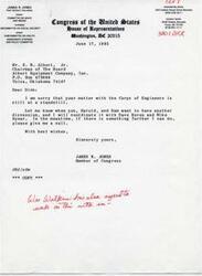 ["The document is a letter from James R. Jones, a member of Congress, to E. R. Albert Jr., Chairman of the Board of Albert Equipment Company, Inc. Jones expresses regret that their matter with the Corps of Engineers is at a standstill and offers to coordinate a discussion with other individuals. He also offers further assistance and provides his contact information."]