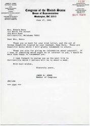 ["Congressman James R. Jones of Oklahoma thanks Mrs. Renata Horn for her letter and the set of German Songbirds created by her husband. He expresses appreciation for the gifts and offers to recommend them to others. Jones also offers to recommend Mrs. Horn for any opportunities that may arise in the future. He looks forward to seeing her on his next trip to Collinsville."]