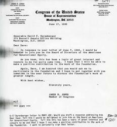 ["James R. Jones, a member of Congress from Oklahoma, has agreed to join the Board of Directors of Americans for Generational Equity in response to a letter from Honorable David F. Durenberger. Jones expresses his interest and hopes to make a positive contribution to the foundation's work. He also mentions his desire to discuss the foundation further with Durenberger in the near future."]