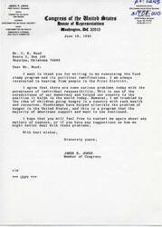 ["James R. Jones, a member of Congress from Oklahoma, responds to a letter regarding the food stamp program and the issue of individual responsibility. He acknowledges the importance of individual responsibility but expresses concern about children going hungry in a country with ample resources. Jones supports the food stamp program and encourages further communication on these issues."]